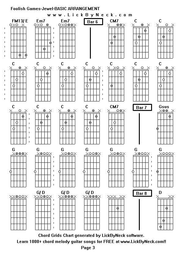 Chord Grids Chart of chord melody fingerstyle guitar song-Foolish Games-Jewel-BASIC ARRANGEMENT,generated by LickByNeck software.